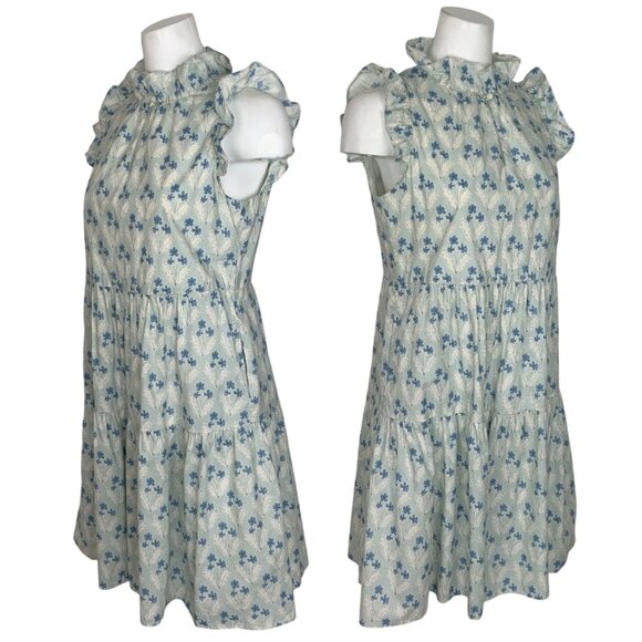 Sara Campbell Ruffle Dress 8 Blue Floral Mini Tiered Sleeveless Pockets Coastal - Picture 3 of 12